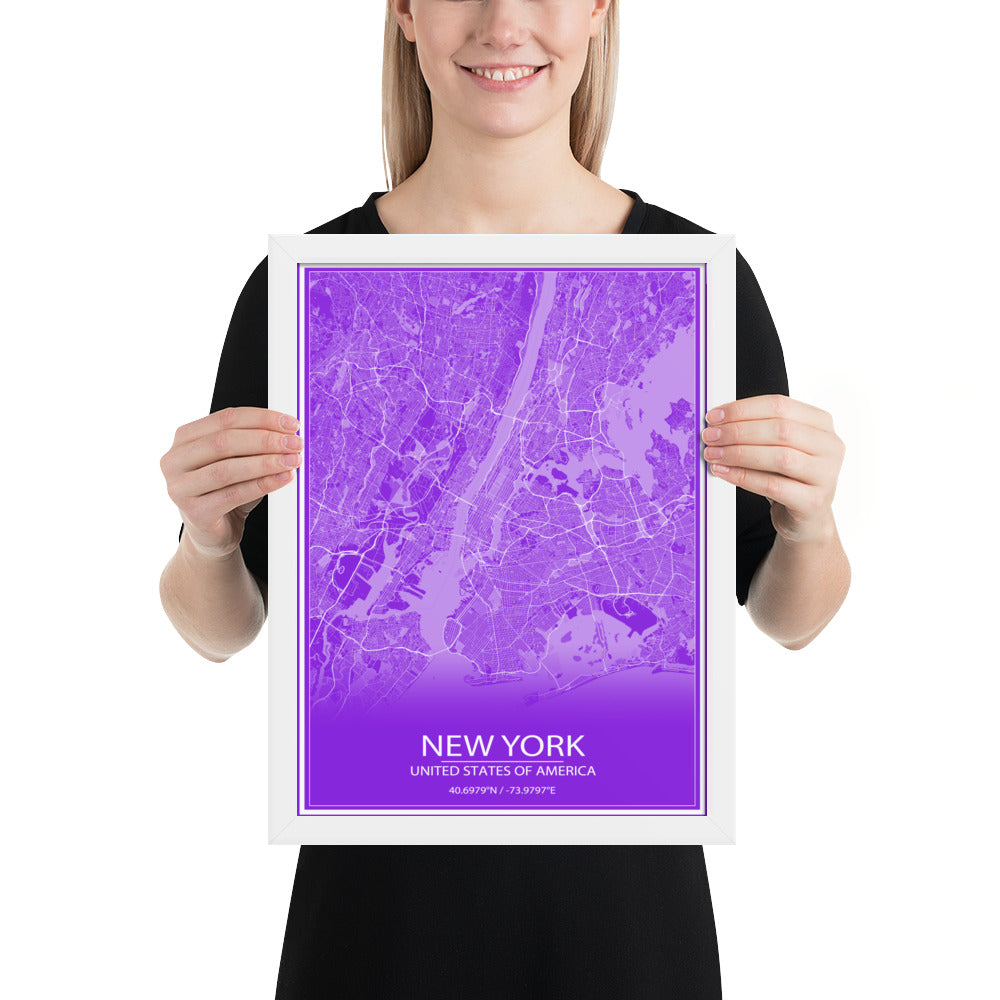 New York Purple and White Framed Map