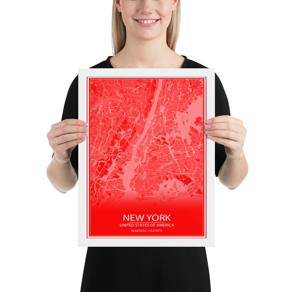 New York Red and White Framed Map