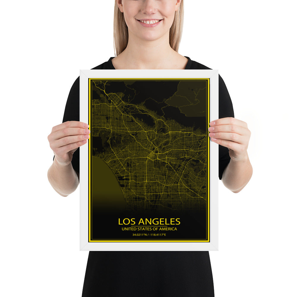 Los Angeles Black and Yellow Framed Map