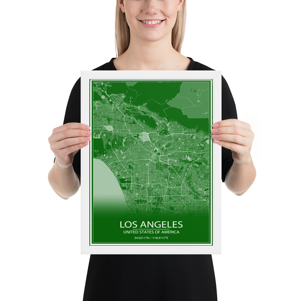 Los Angeles Green and White Framed Map