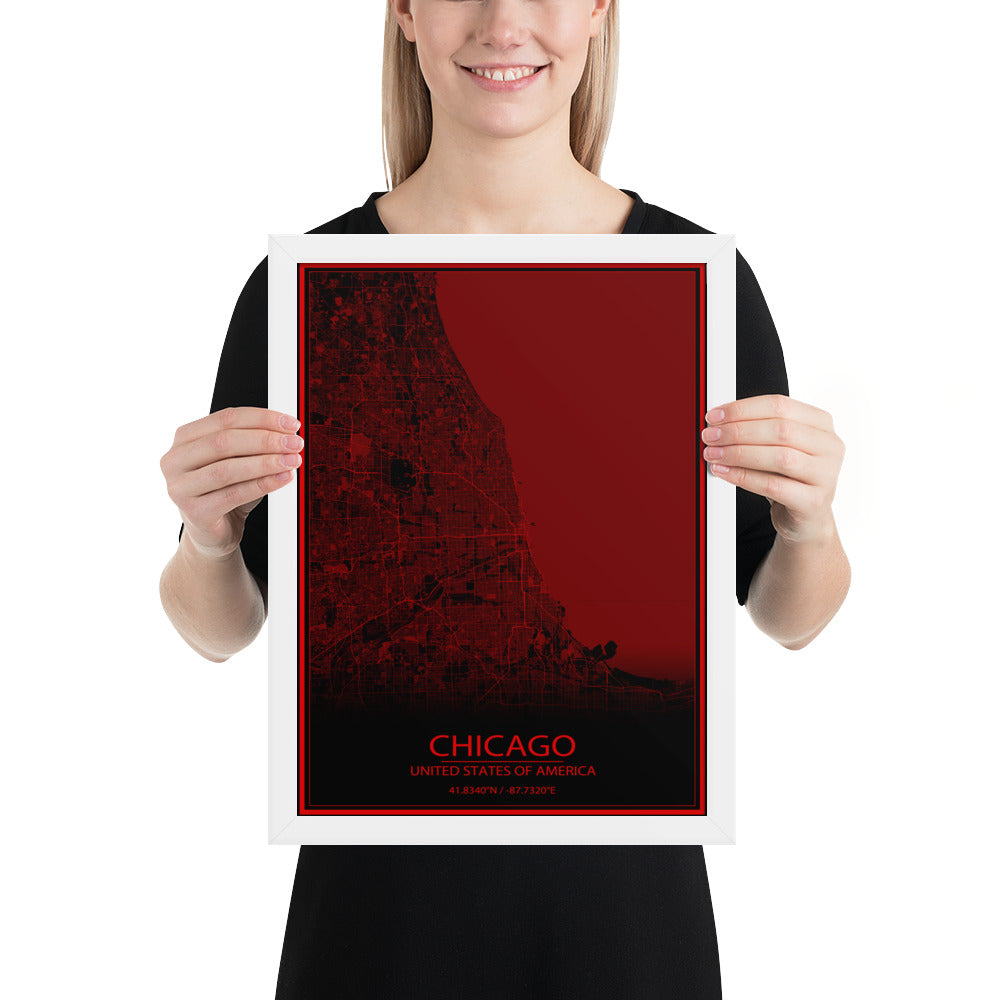 Chicago Black and Red Framed Map