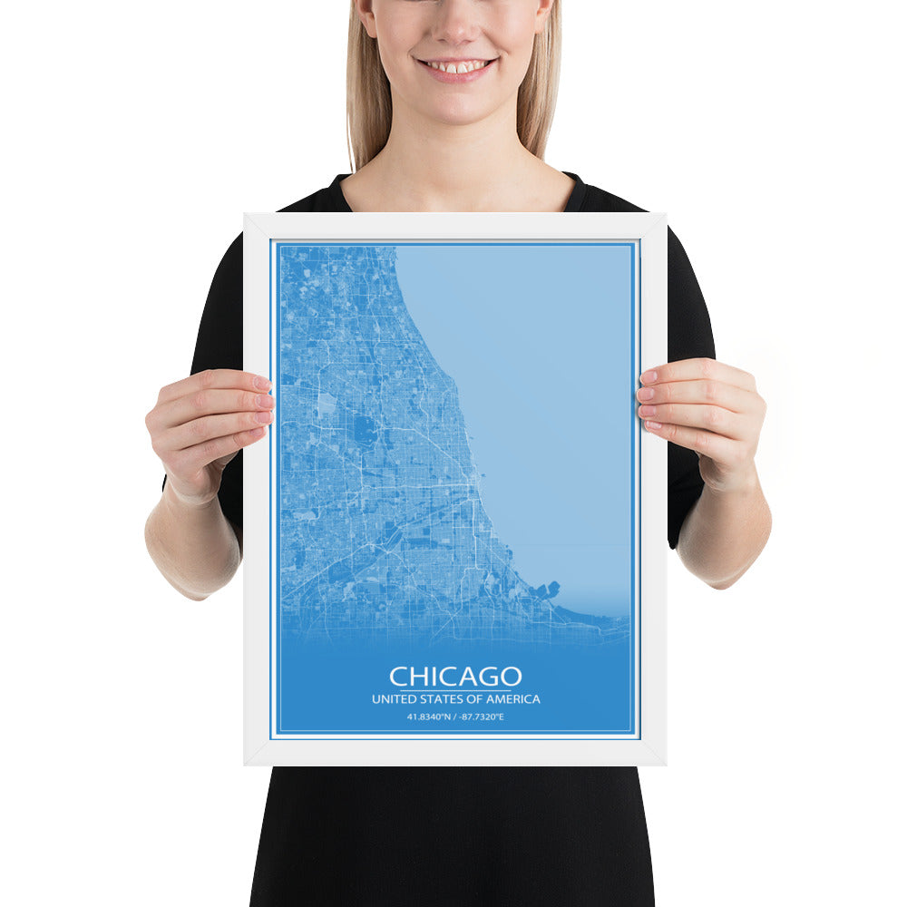 Chicago Blue and White Framed Map