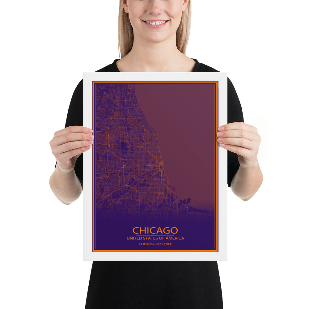 Chicago Purple and Orange Framed Map