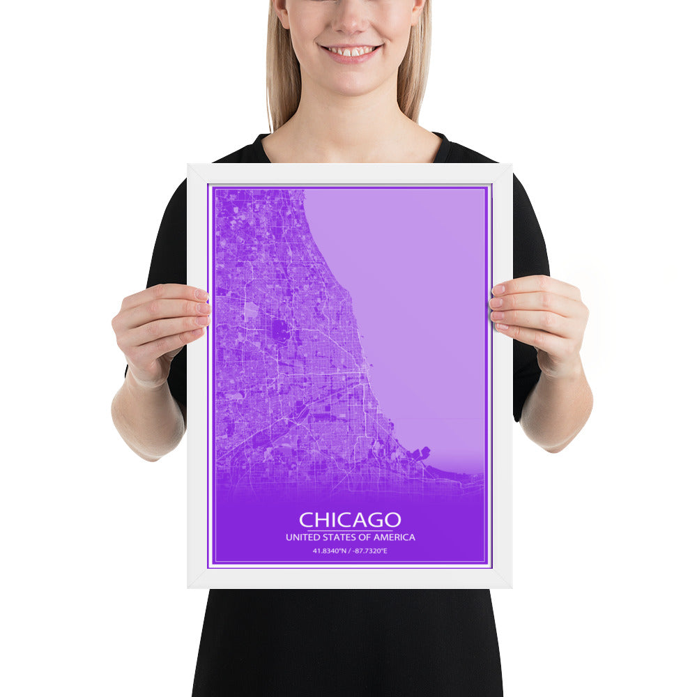 Chicago Purple and White Framed Map