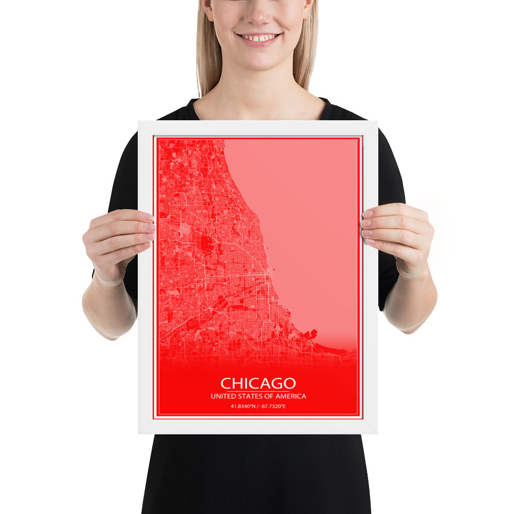 Chicago Red and White Framed Map