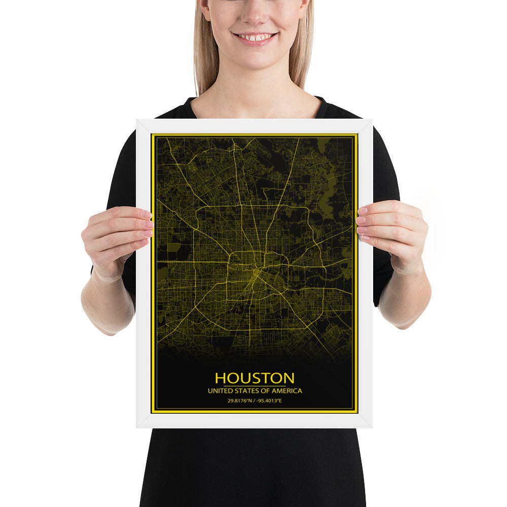 Houston Black and Yellow Framed Map