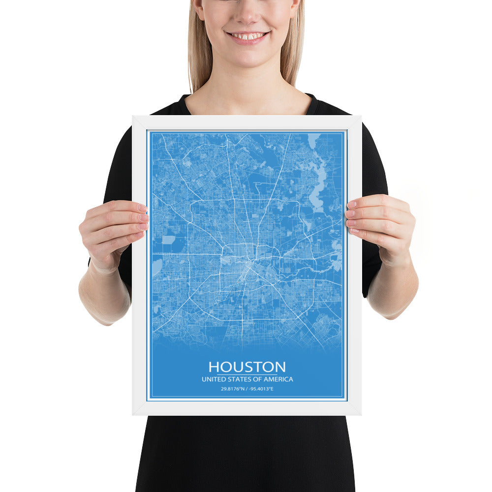 Houston Blue and White Framed Map