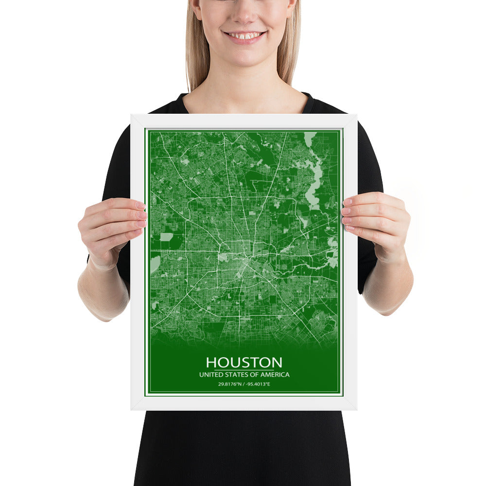 Houston Green and White Framed Map