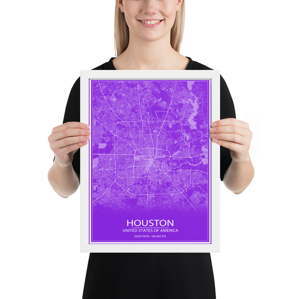 Houston Purple and White Framed Map