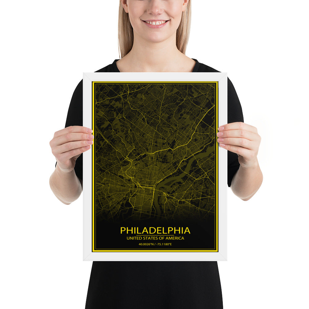 Philadelphia Black and Yellow Framed Map