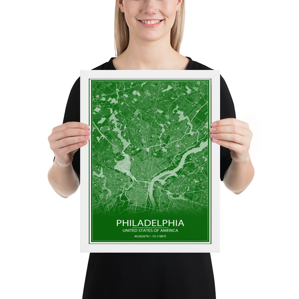 Philadelphia Green and White Framed Map