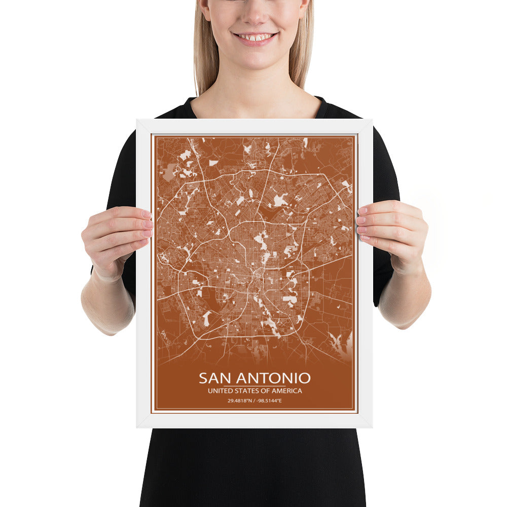 San Antonio Brown and White Framed Map