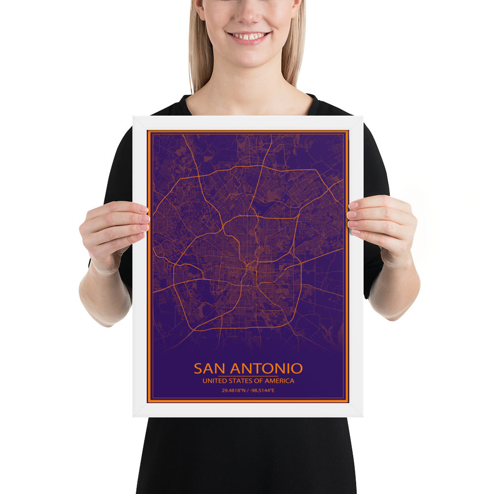 San Antonio Purple and Orange Framed Map