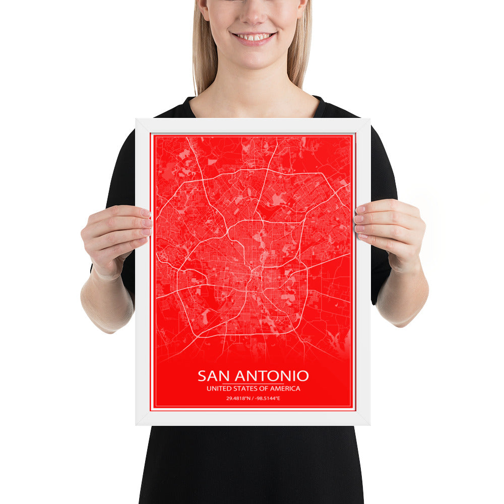 San Antonio Red and White Framed Map