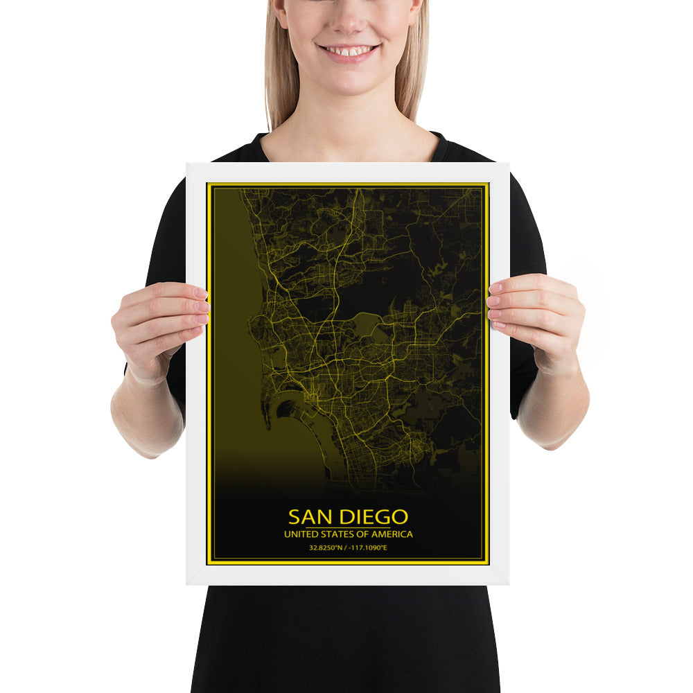 San Diego Black and Yellow Framed Map