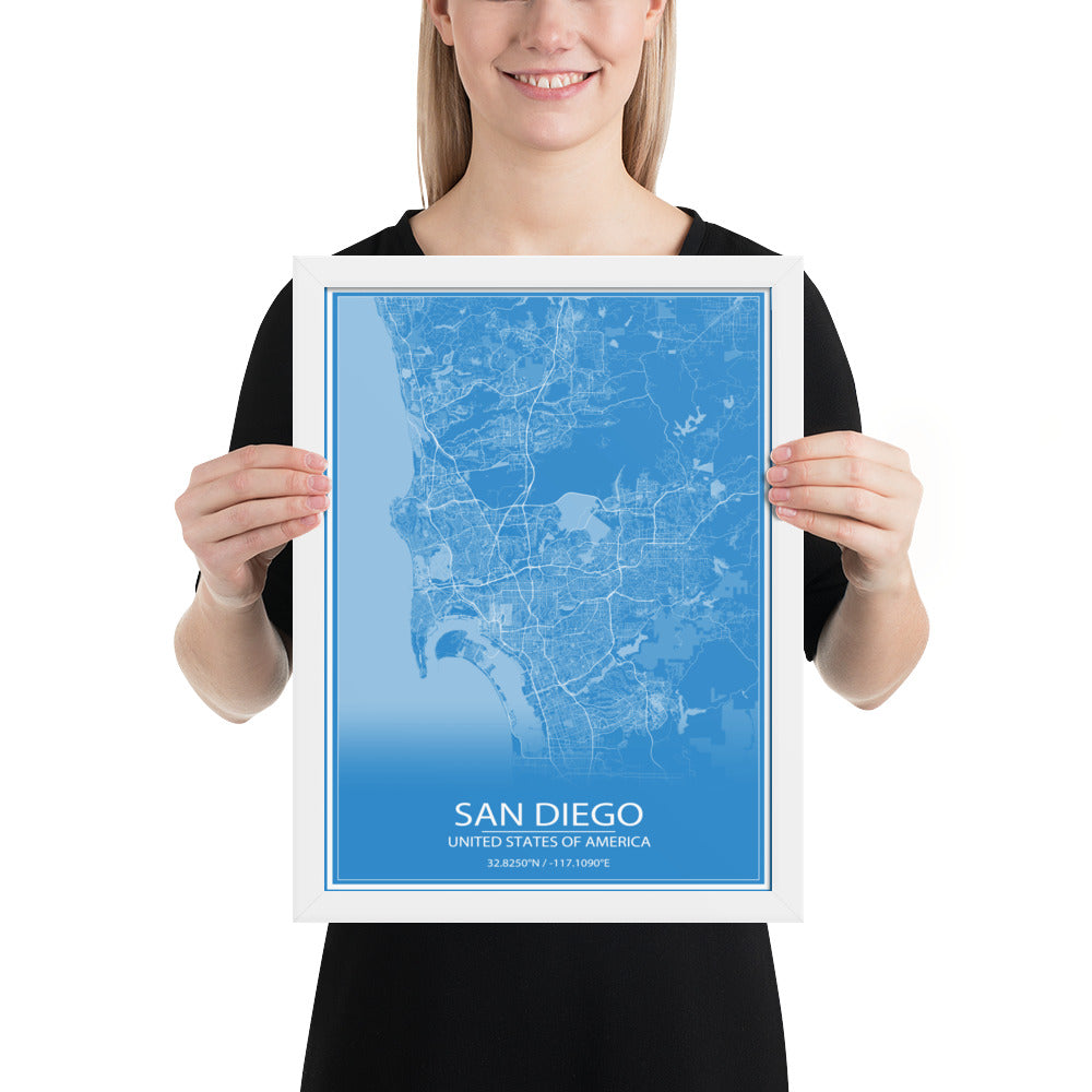 San Diego Blue and White Framed Map