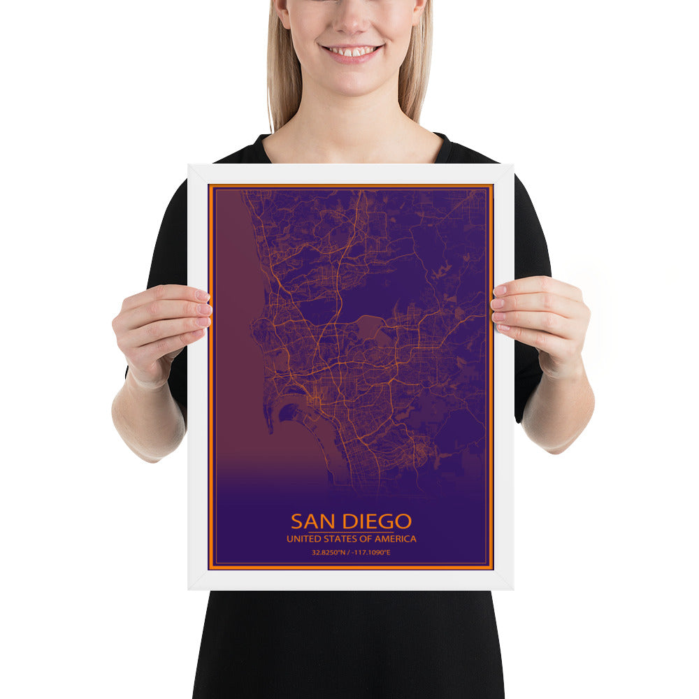 San Diego Purple and Orange Framed Map