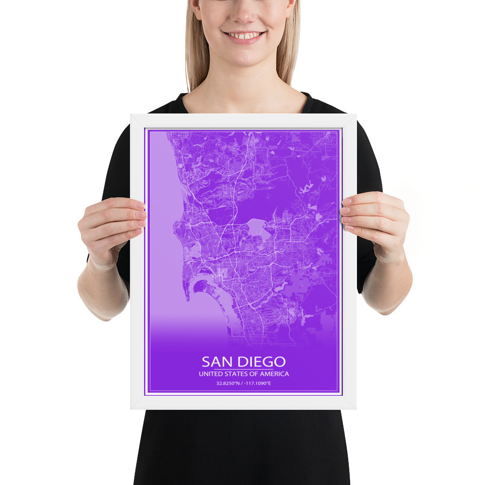 San Diego Purple and White Framed Map