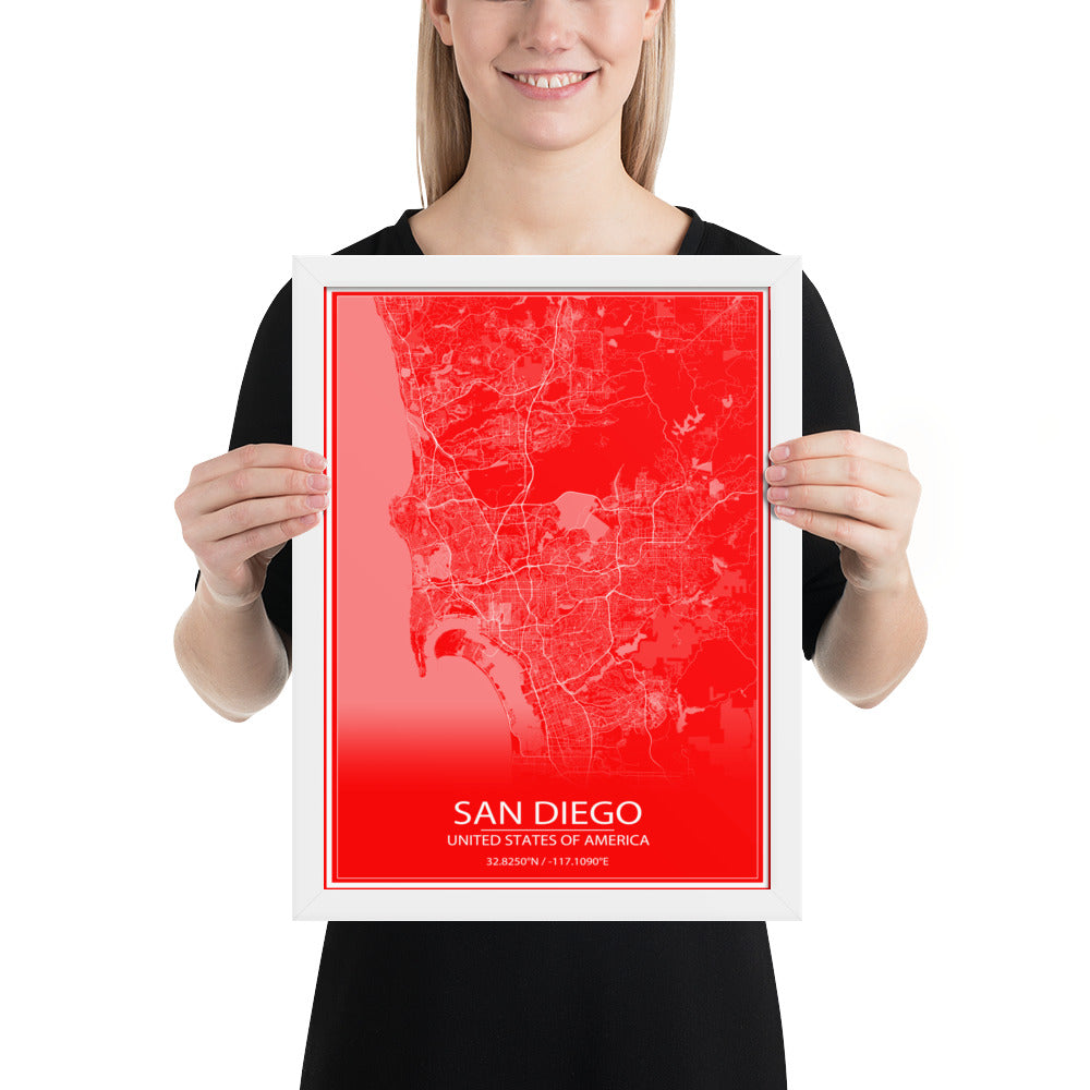 San Diego Red and White Framed Map