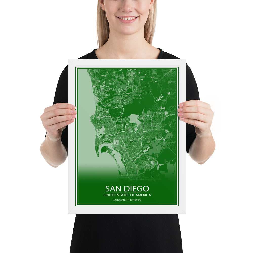 San Diego Green and White Framed Map