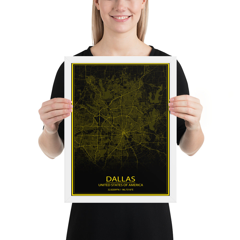 Dallas Black and Yellow Framed Map