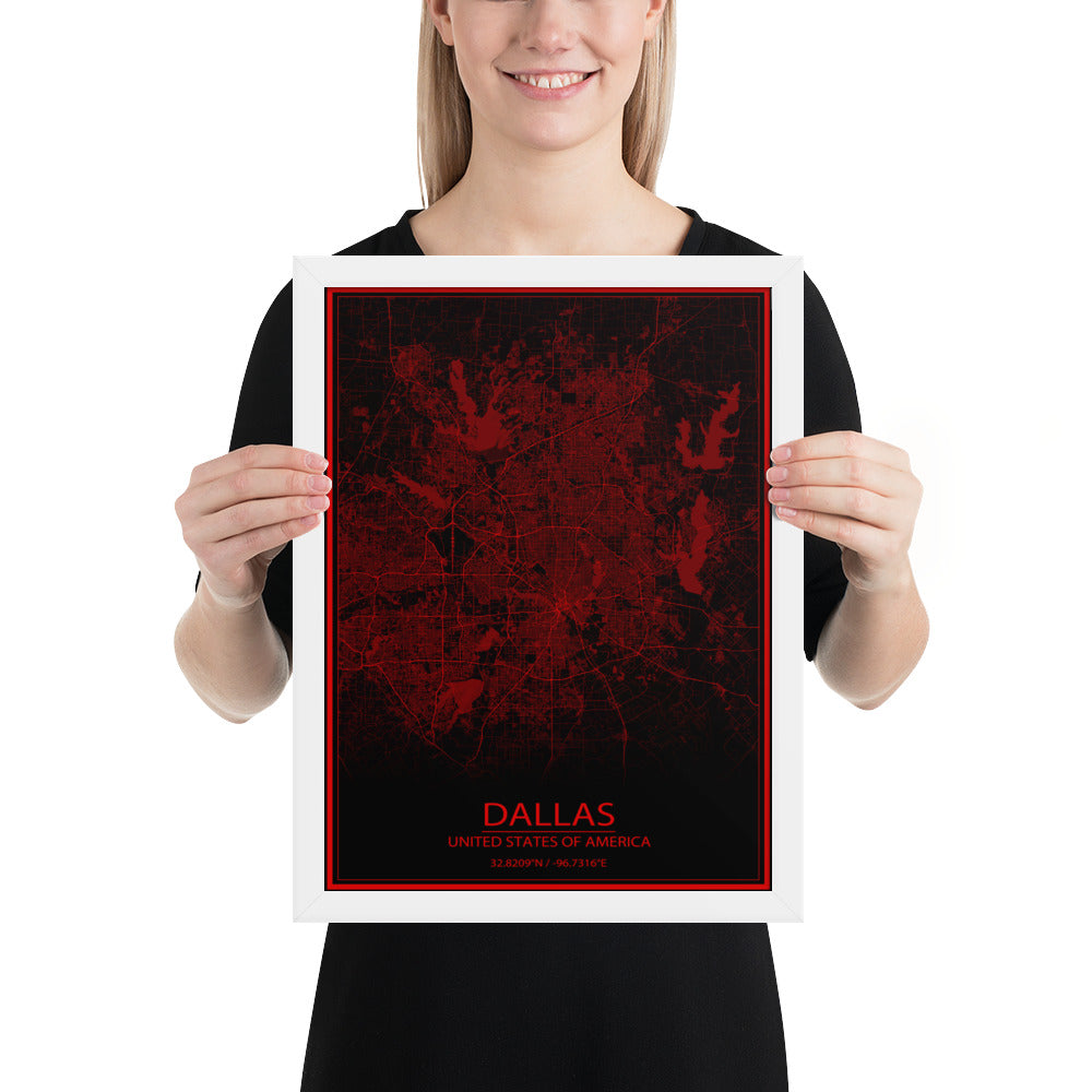 Dallas Black and Red Framed Map