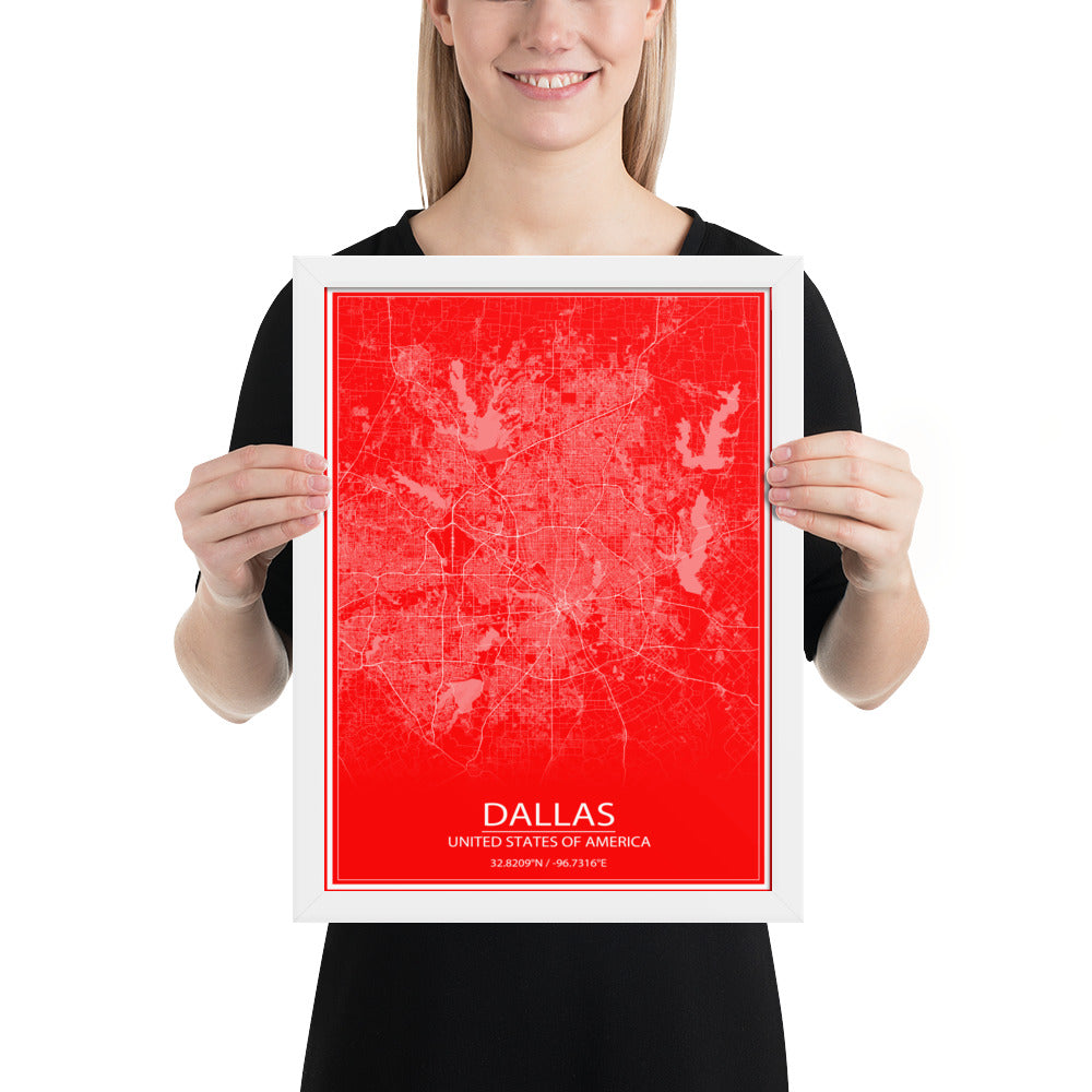 Dallas Red and White Framed Map