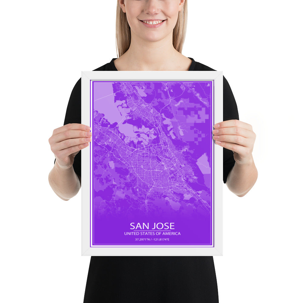 San Jose Purple and White Framed Map