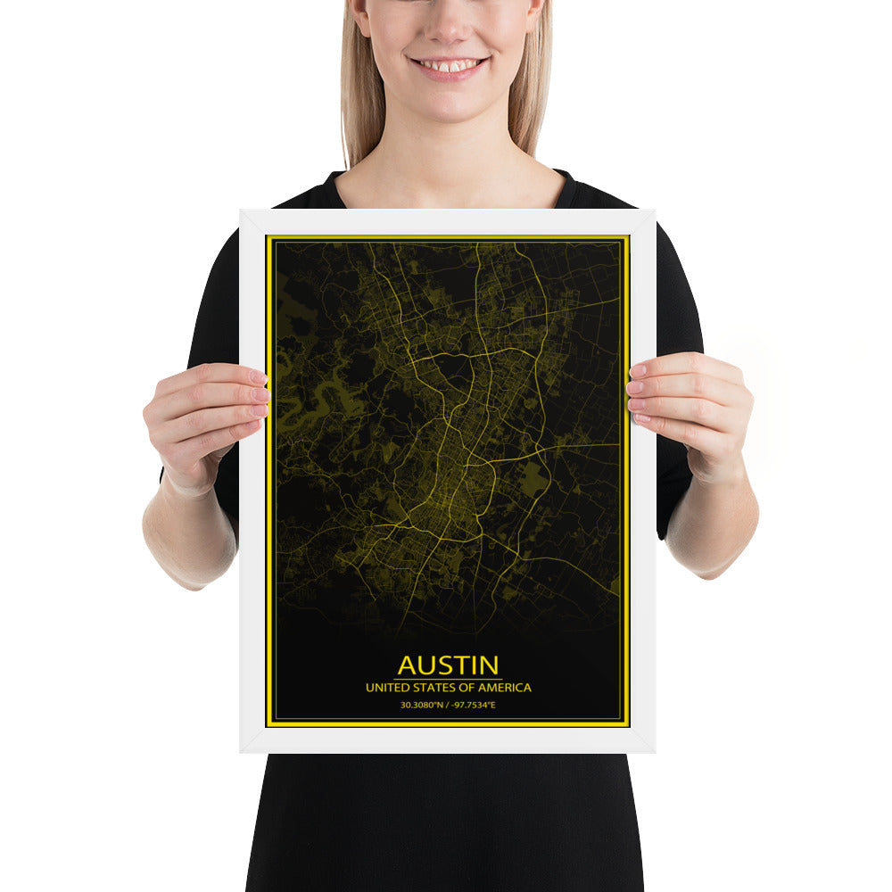 Austin Black and Yellow Framed Map