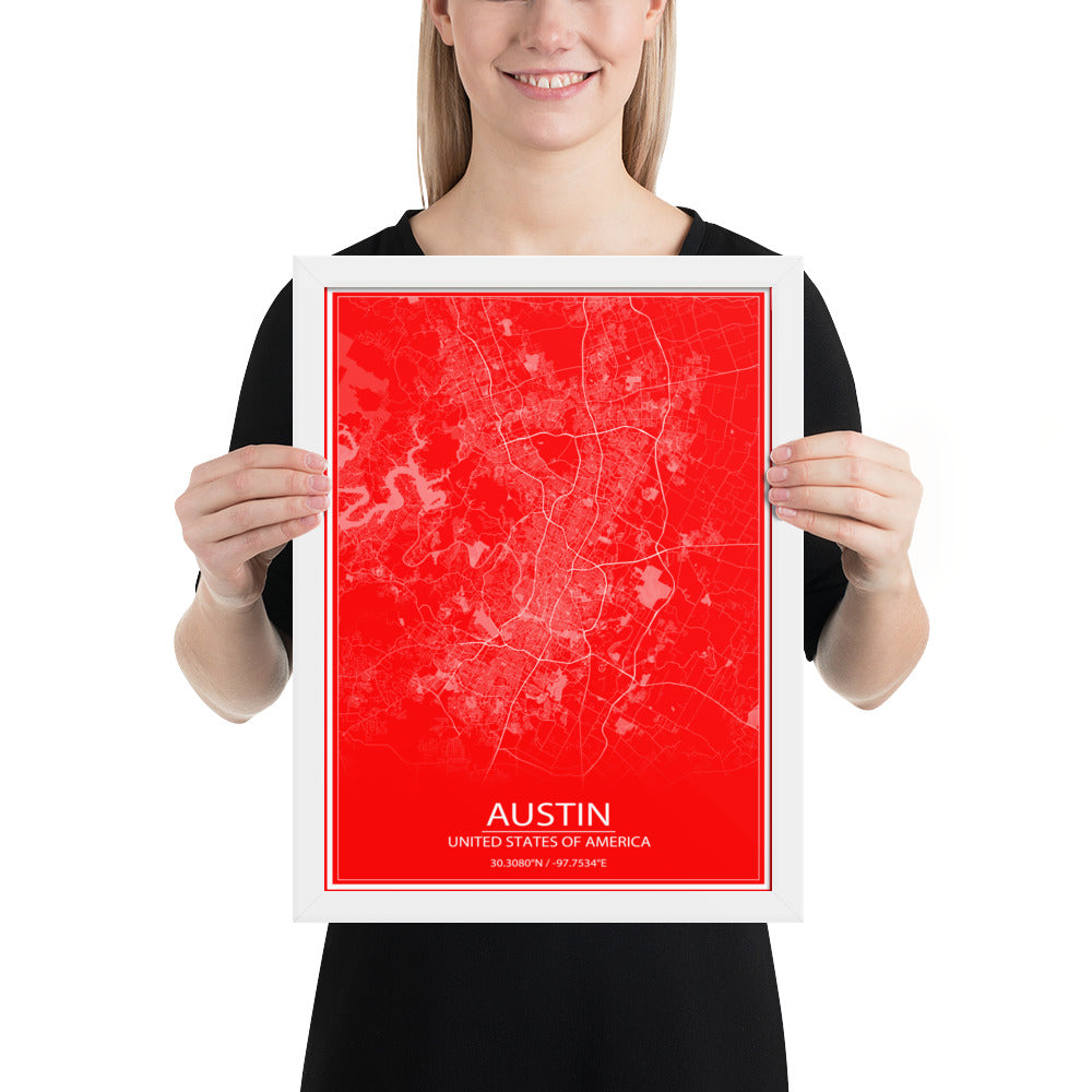 Austin Red and White Framed Map