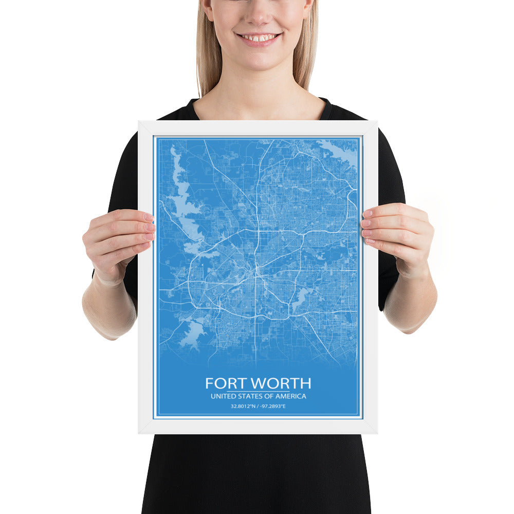 Fort Worth Blue and White Framed Map