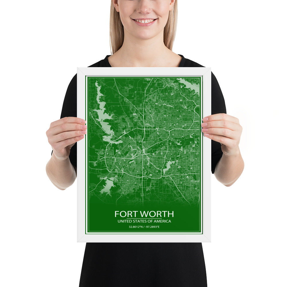 Fort Worth Green and White Framed Map