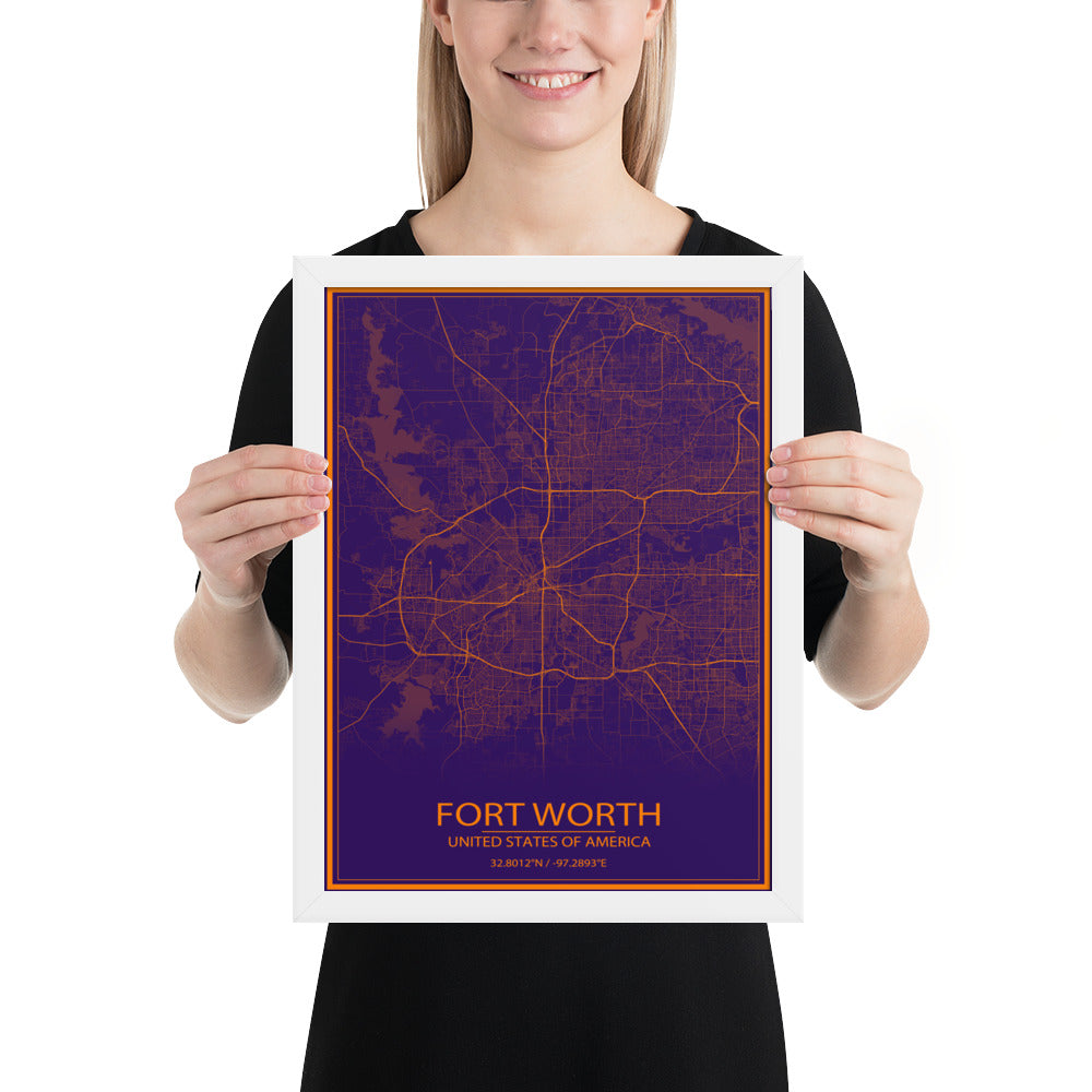 Fort Worth Purple and Orange Framed Map