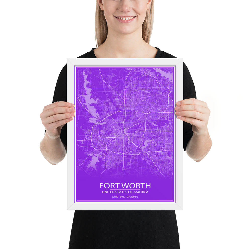 Fort Worth Purple and White Framed Map