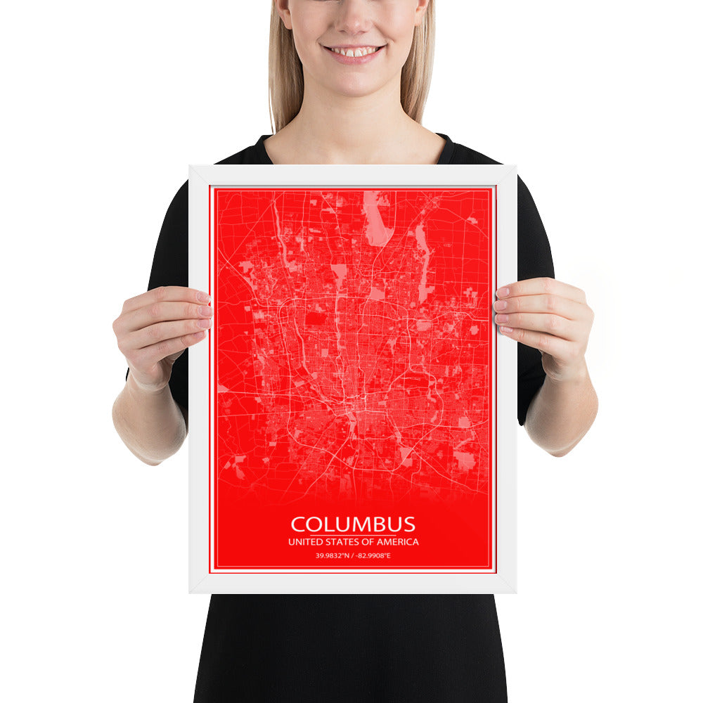 Columbus Red and White Framed Map