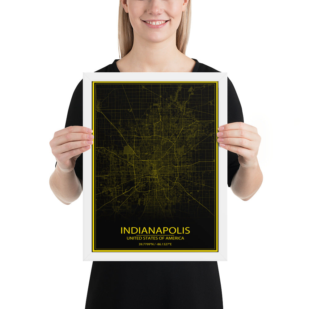 Indianapolis Black and Yellow Framed Map