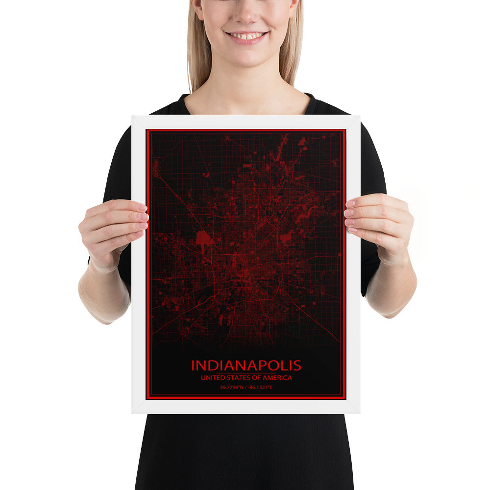 Indianapolis Black and Red Framed Map