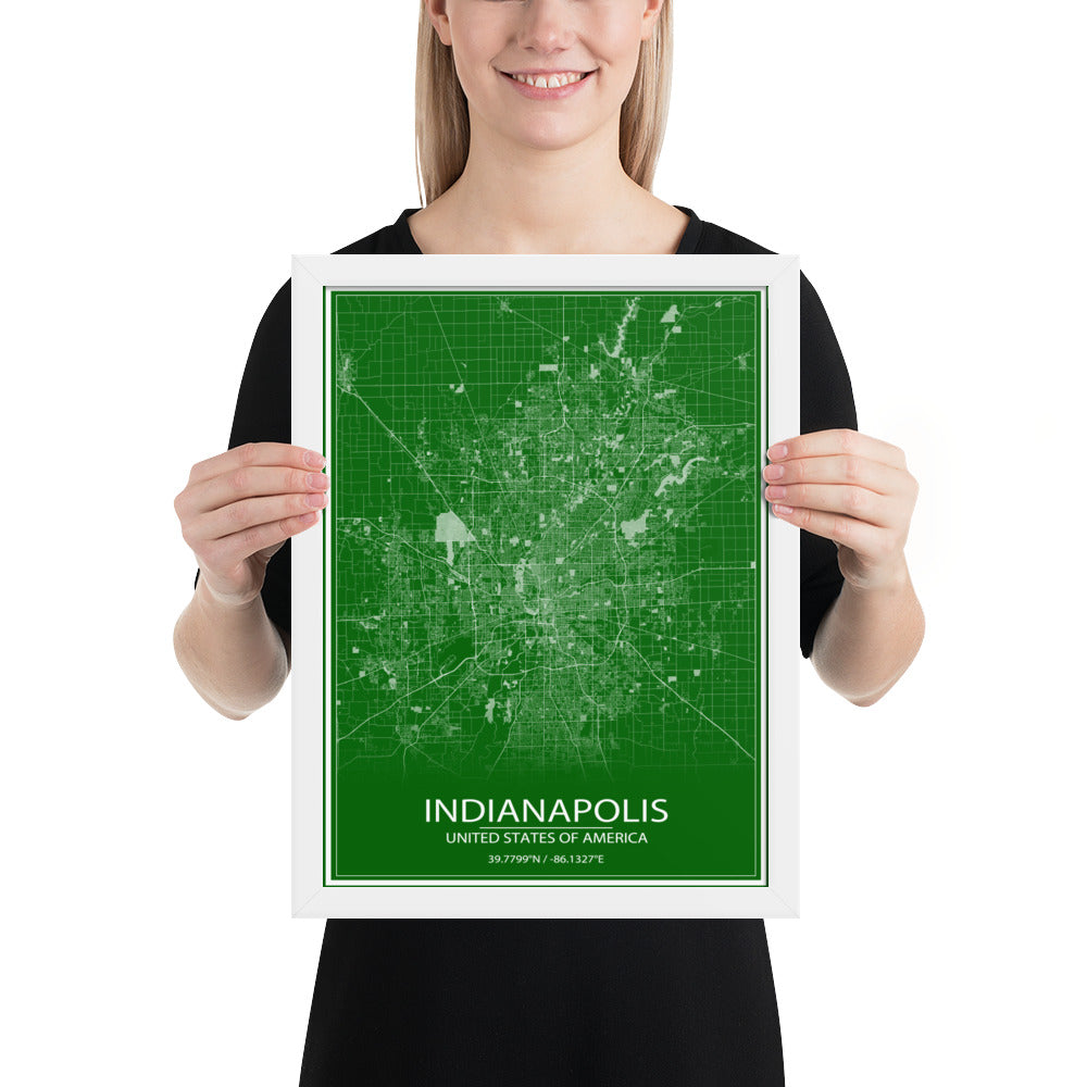 Indianapolis Green and White Framed Map