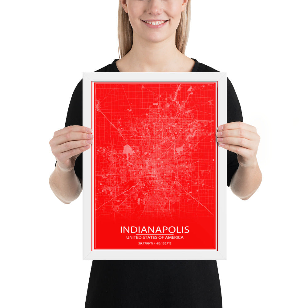 Indianapolis Red and White Framed Map