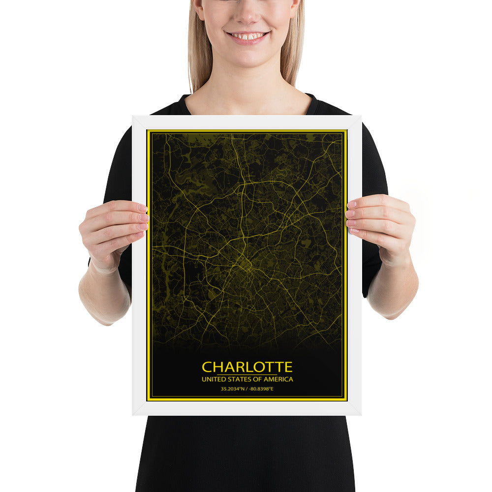 Charlotte Black and Yellow Framed Map