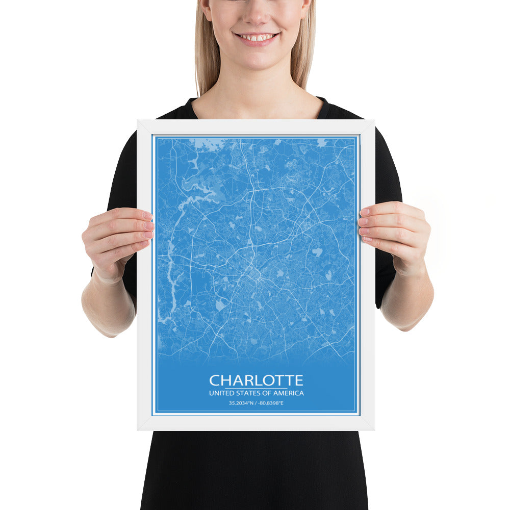 Charlotte Blue and White Framed Map