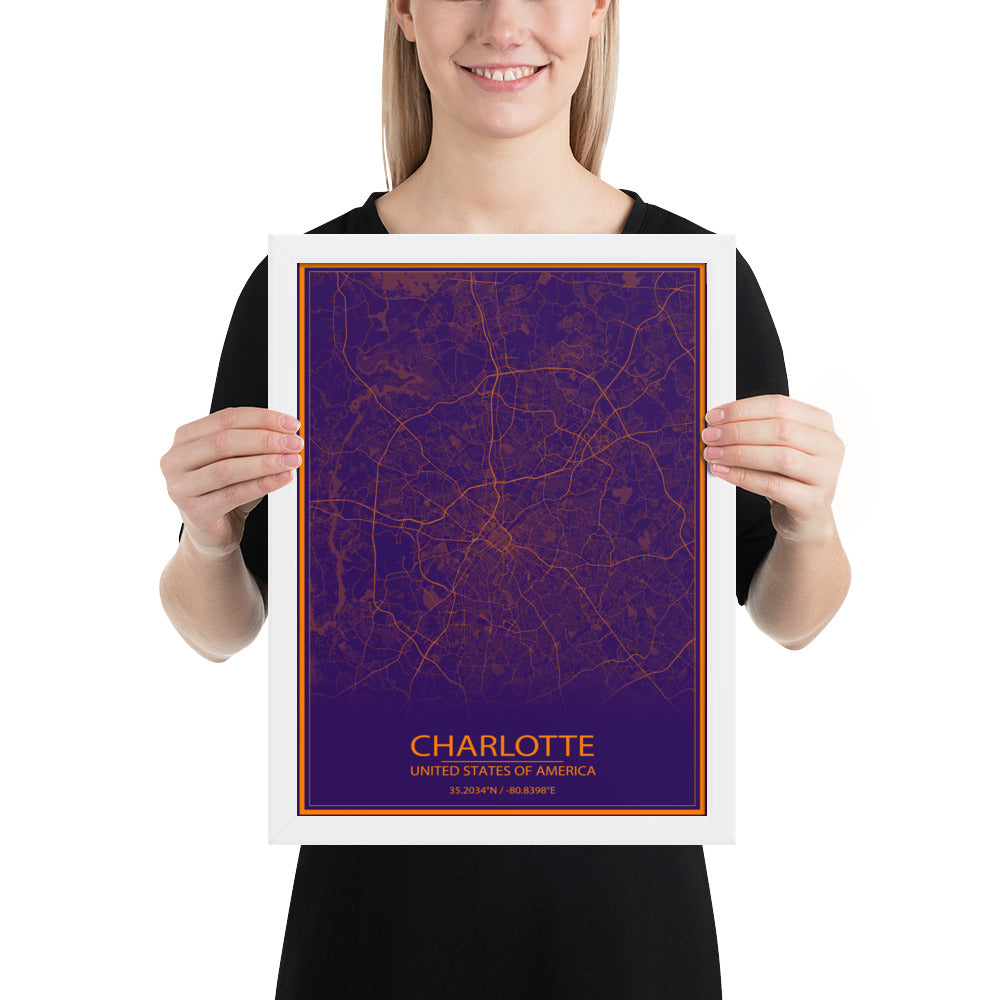 Charlotte Purple and Orange Framed Map