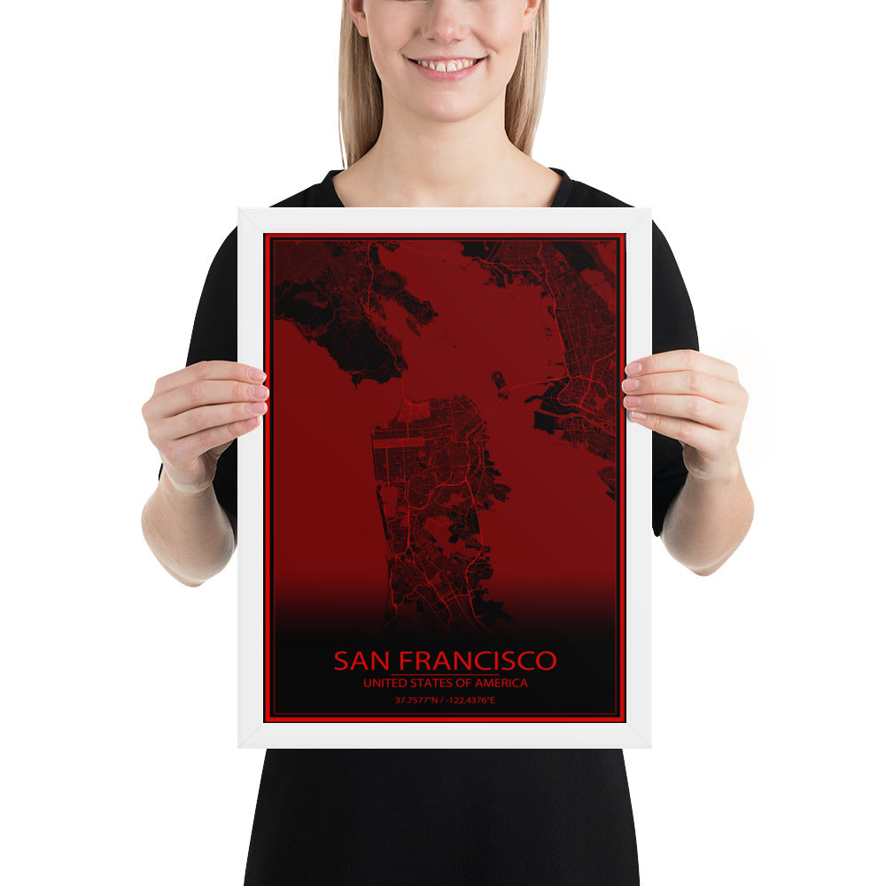 San Francisco Black and Red Framed Map