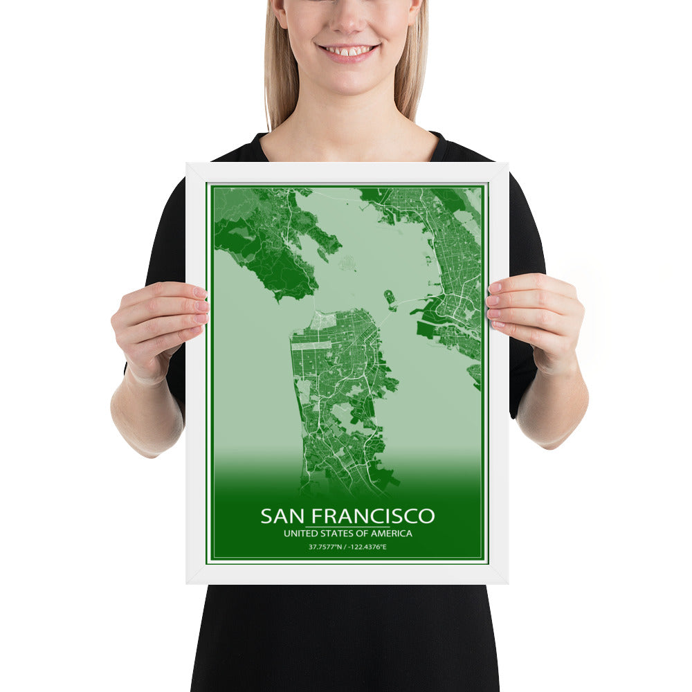 San Francisco Green and White Framed Map