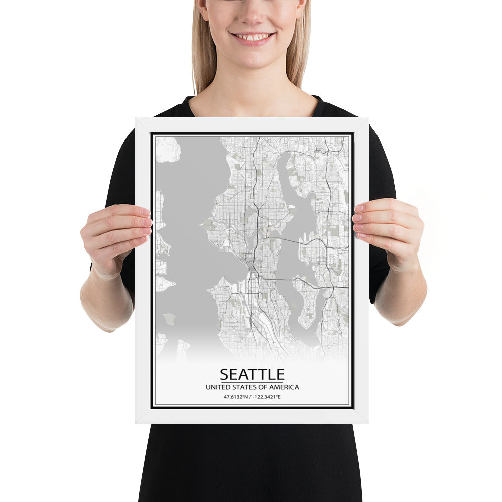 Seattle White Framed Map