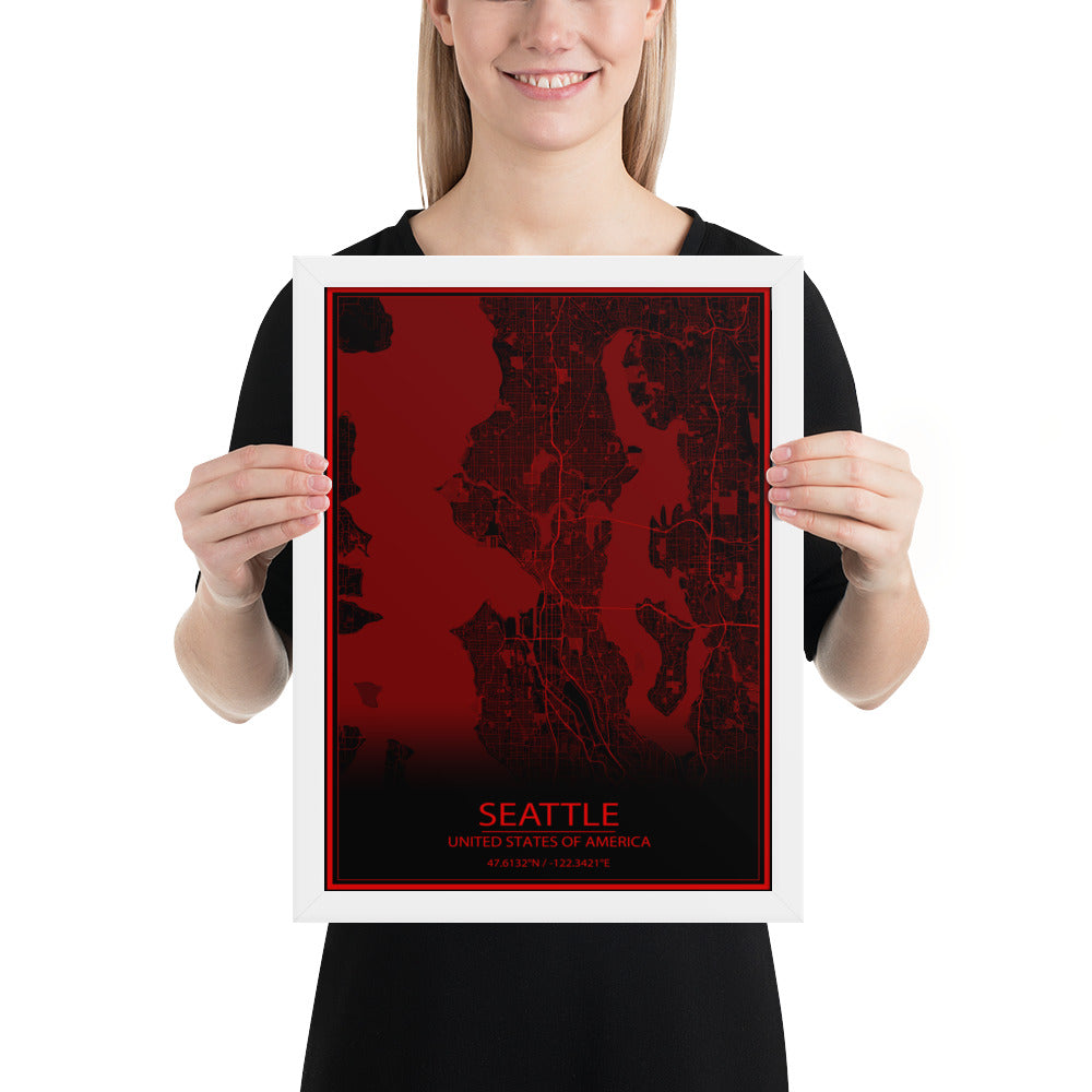 Seattle Black and Red Framed Map