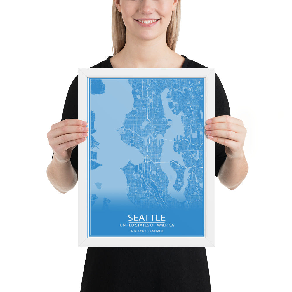 Seattle Blue and White Framed Map