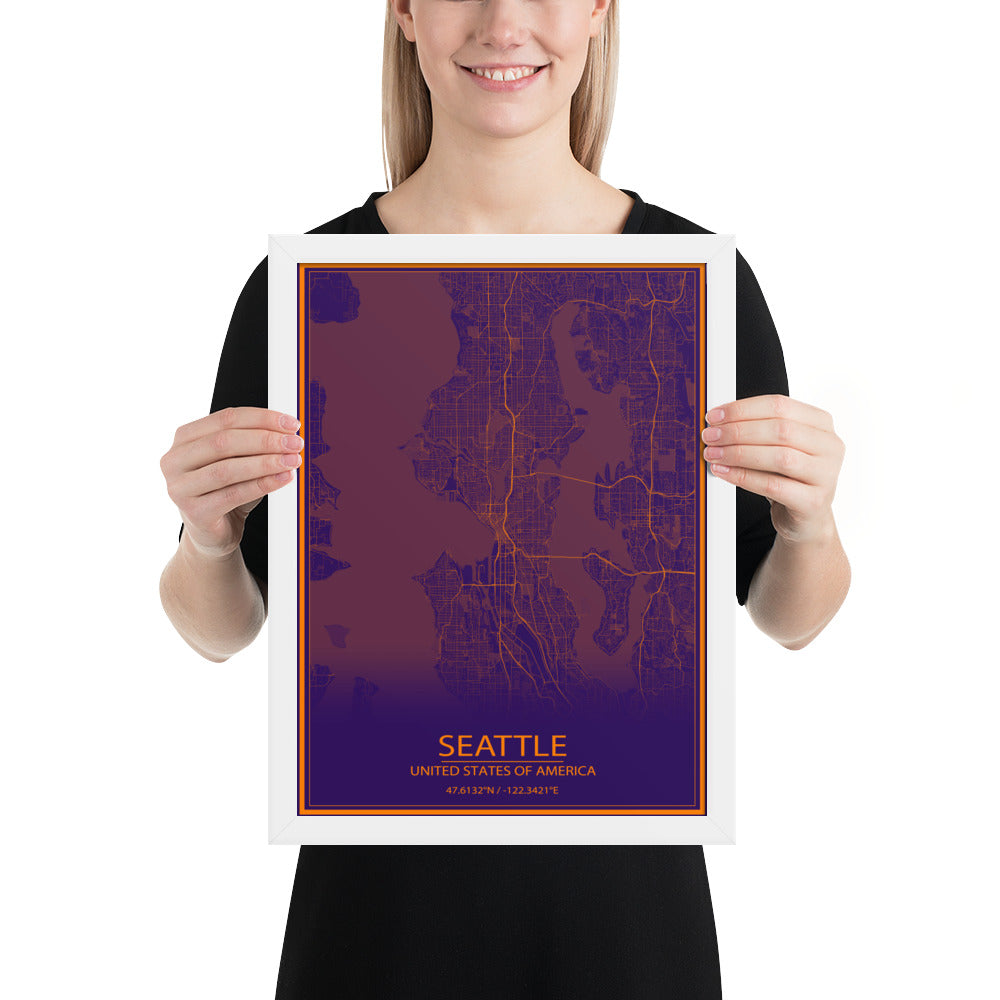 Seattle Purple and Orange Framed Map