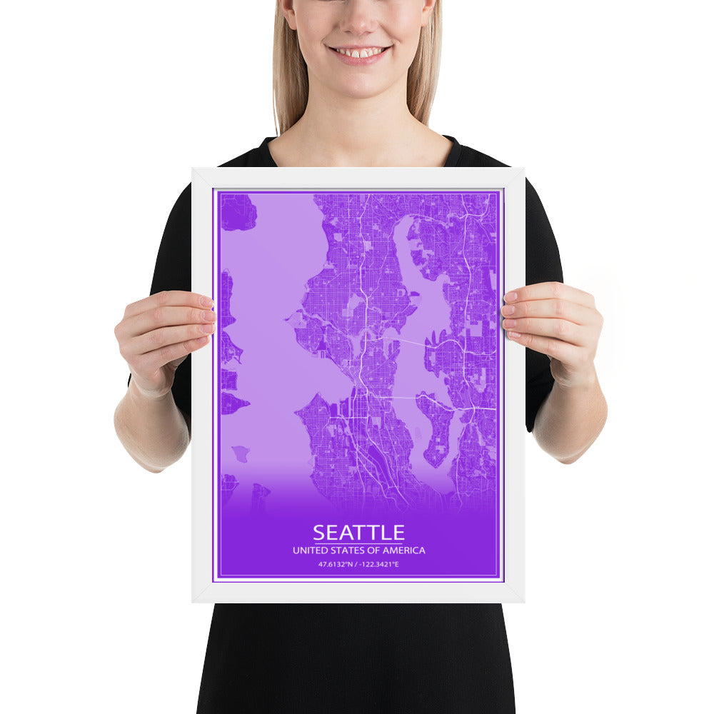 Seattle Purple and White Framed Map