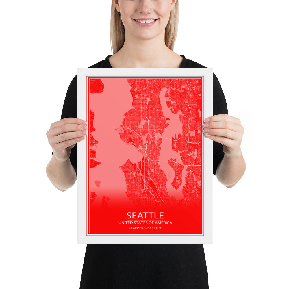 Seattle Red and White Framed Map